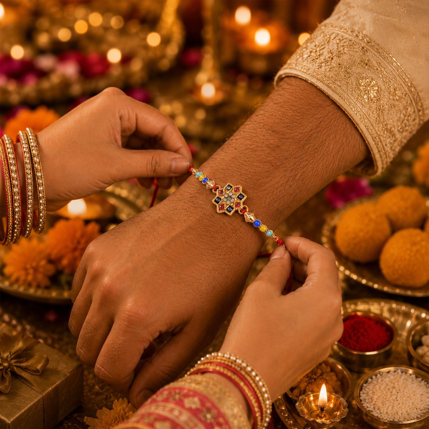 Bright multi bead Rakhi with sparkling stones for Raksha Bandhan celebration