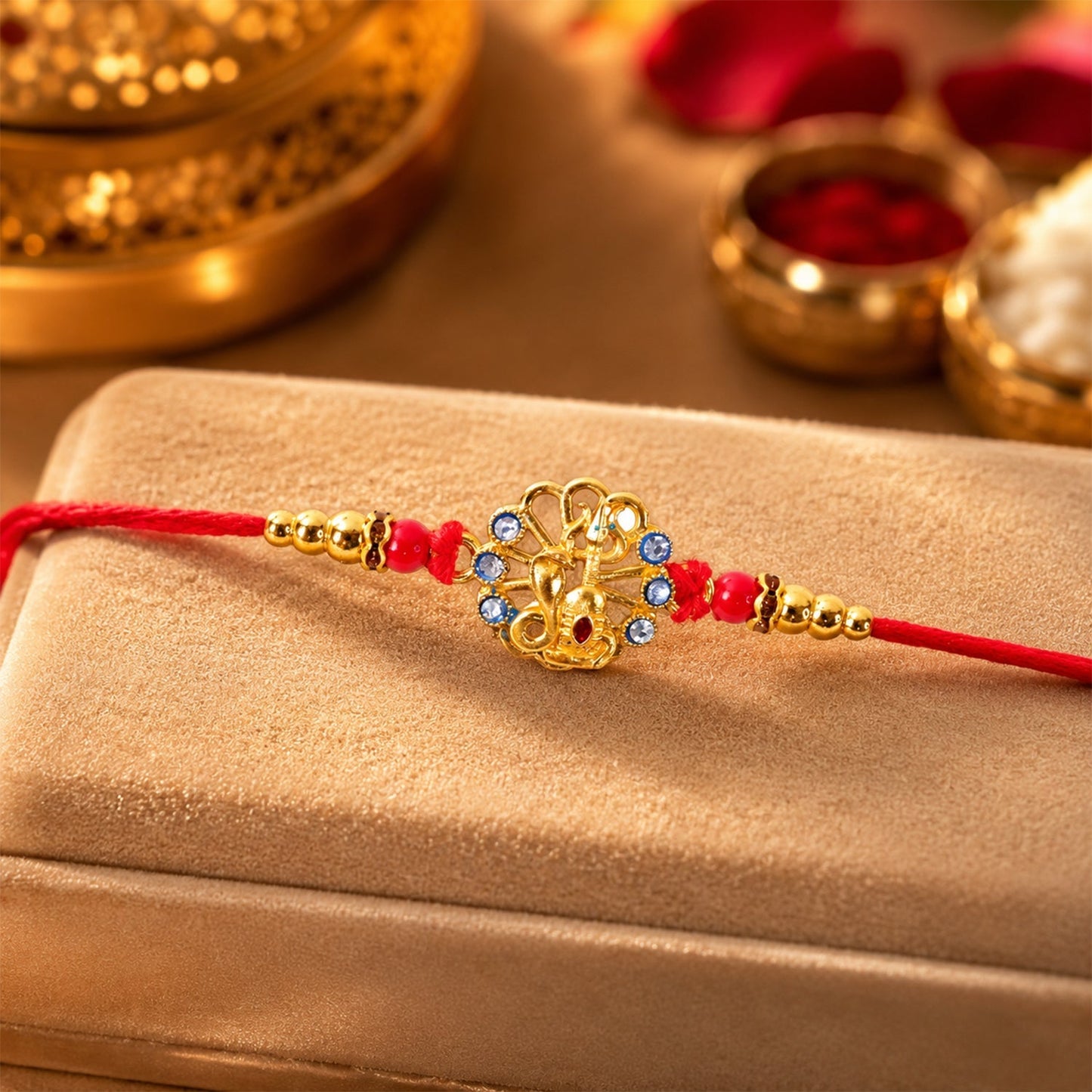 Elegant traditional Rakhi in blue and red stones for festival gifting