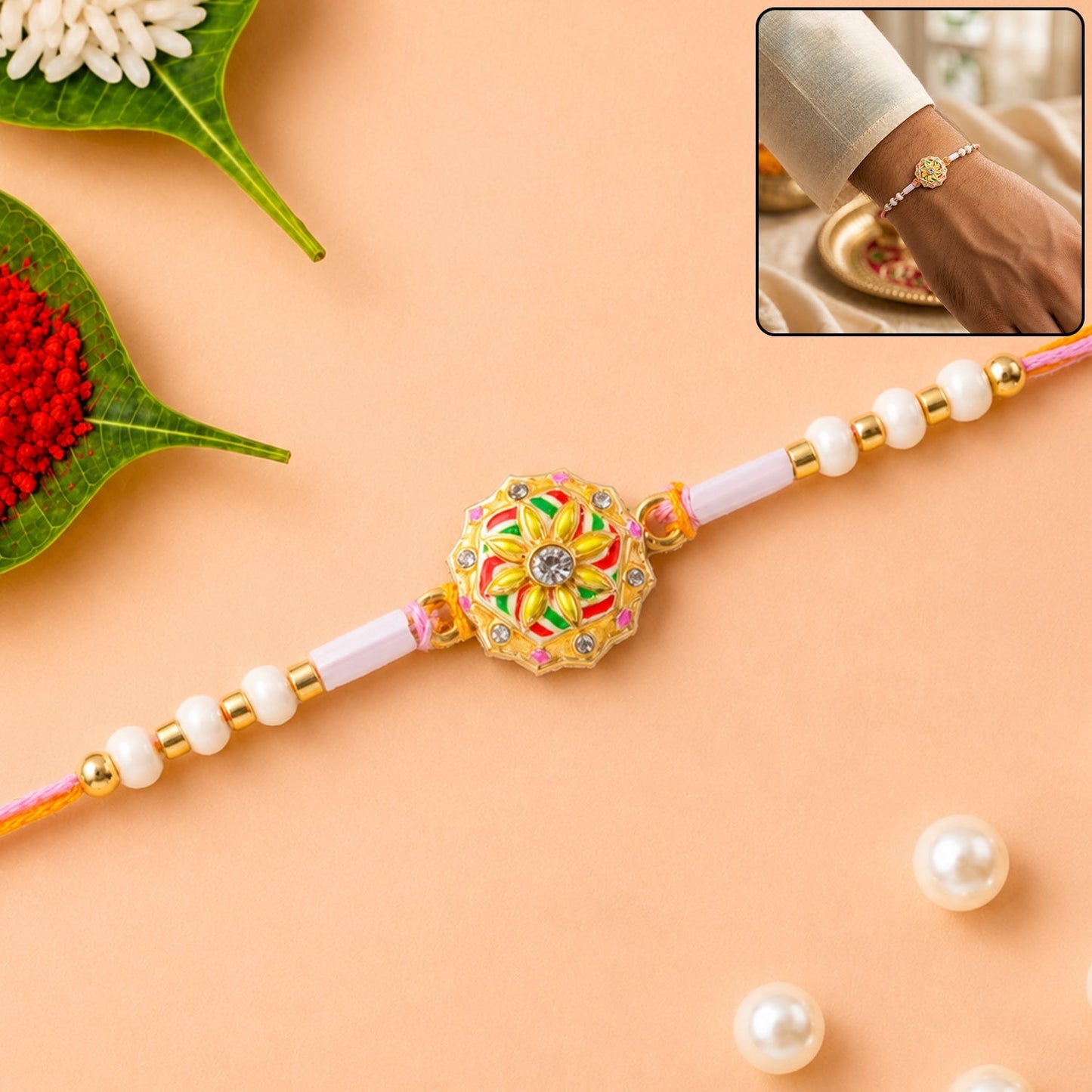 Colourful Meenakari Rakhi with beads and pearls, presented elegantly for Raksha Bandhan.