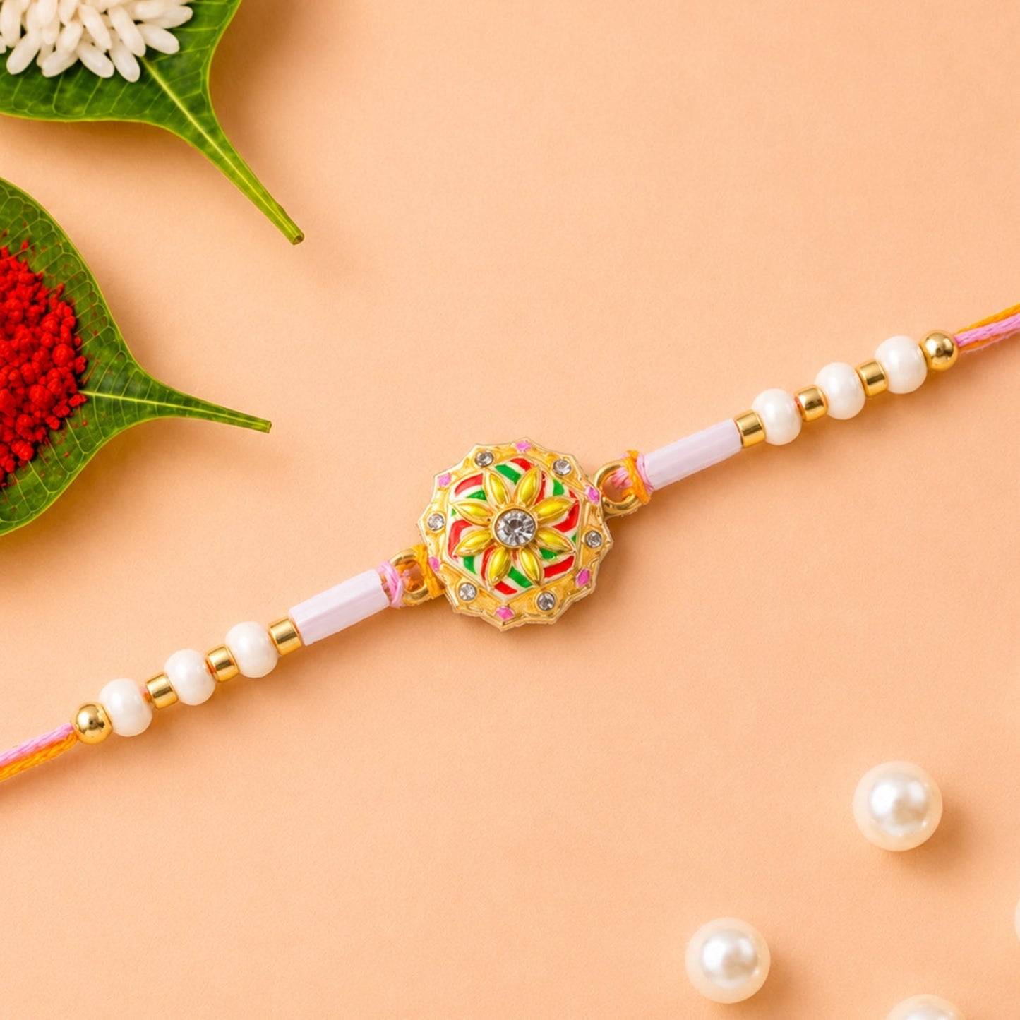 Side view of vibrant Meenakari Rakhi showcasing craftsmanship.