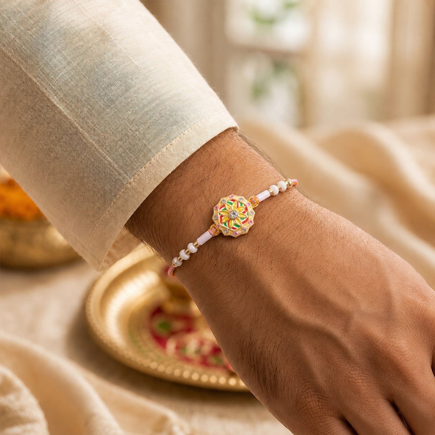 Rakhi displayed on traditional thali for Raksha Bandhan ritual.