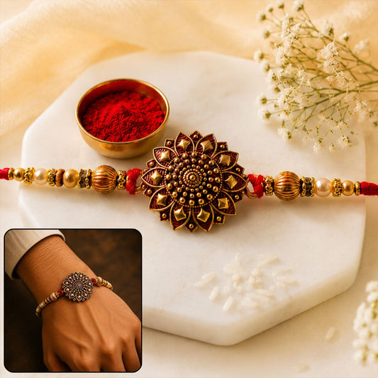 Antique Gold Floral Mandala Rakhi with beads, close-up detail