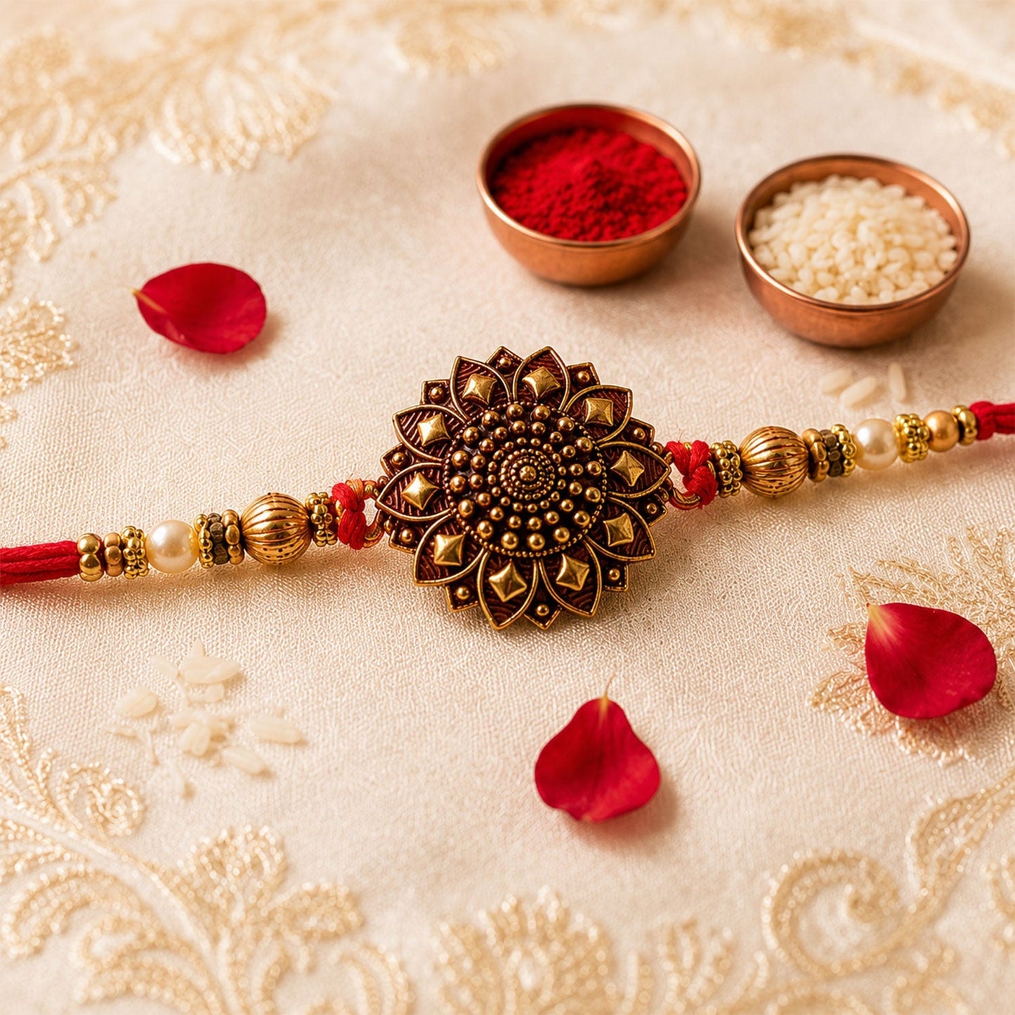 Elegant antique gold floral mandala Rakhi for brother