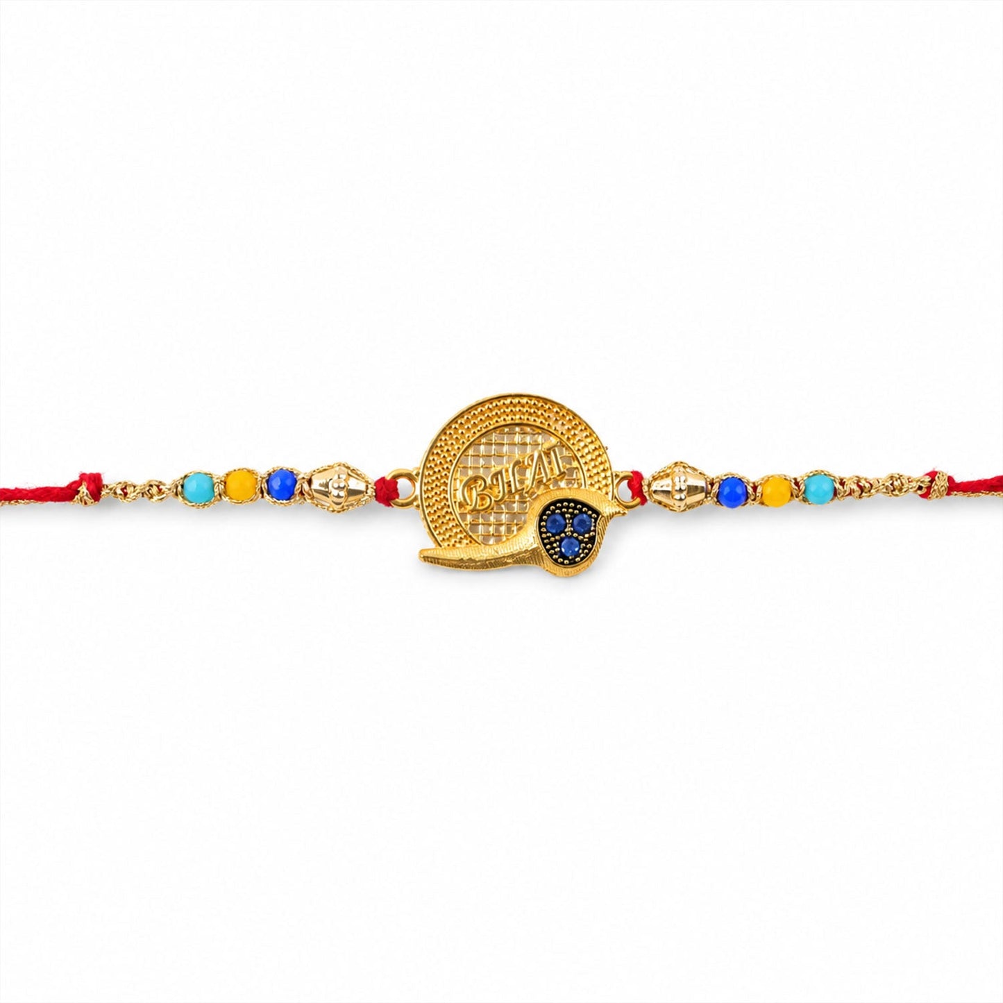 Golden Bhai Text Rakhi displayed against a light background, showing full length and thread.