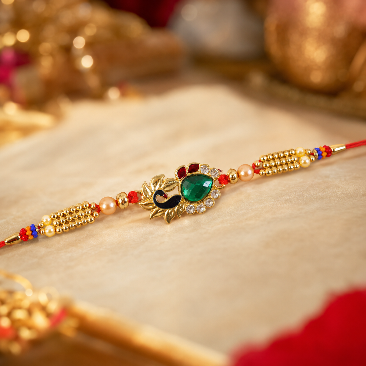 Elegant floral rakhi with golden lotus and AD stones for festive gifting