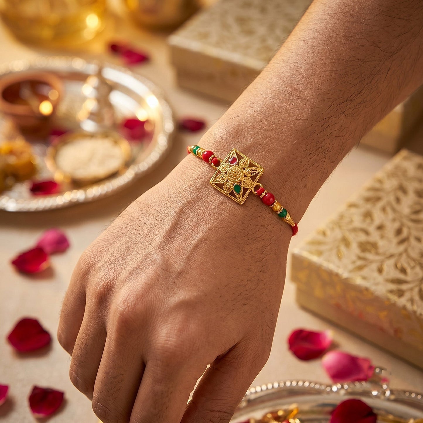 Close-up of golden square stone with pink beads and traditional design for Rakhi