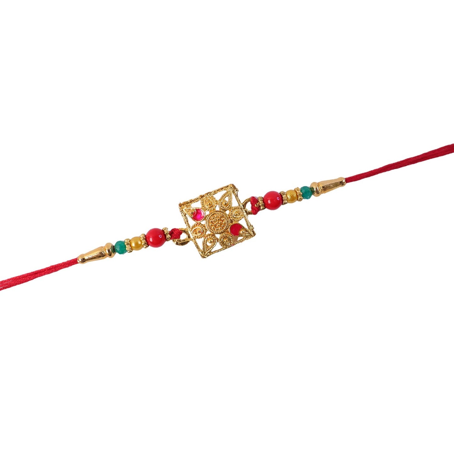 Beautiful designer rakhi with pink stones and bright beads for Raksha Bandhan