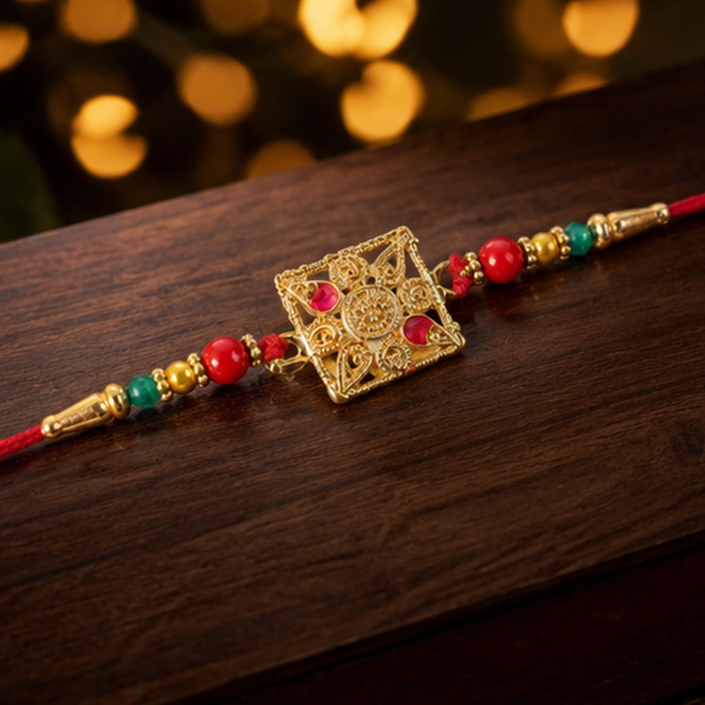 Stylish and elegant rakhi with golden square stone and vibrant beads design