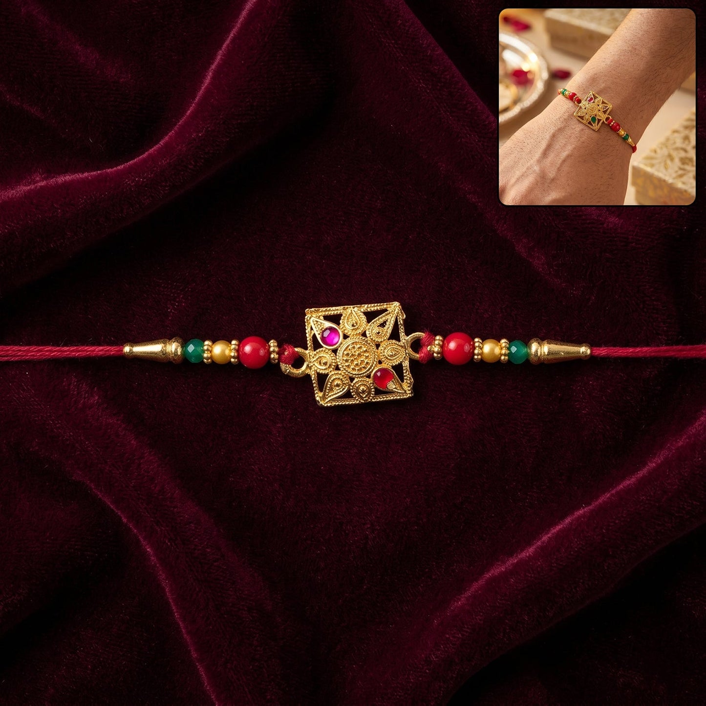 Stylish golden square stone rakhi with pink beads and vibrant charms for brother
