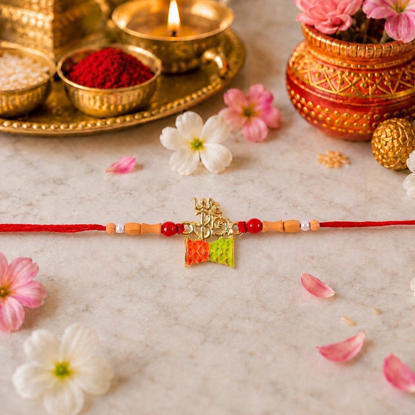 Elegant display of Om Rakhi showcasing its traditional-modern blend.