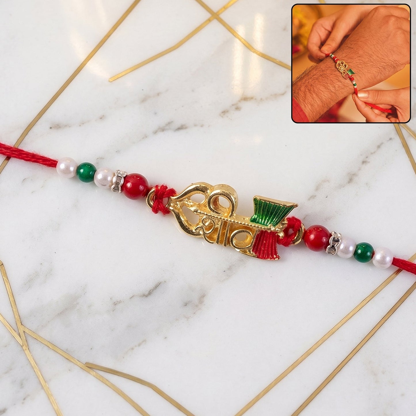 Elegant golden Meenakari Rakhi for brother, featuring a detailed Shiv design and colourful beads.