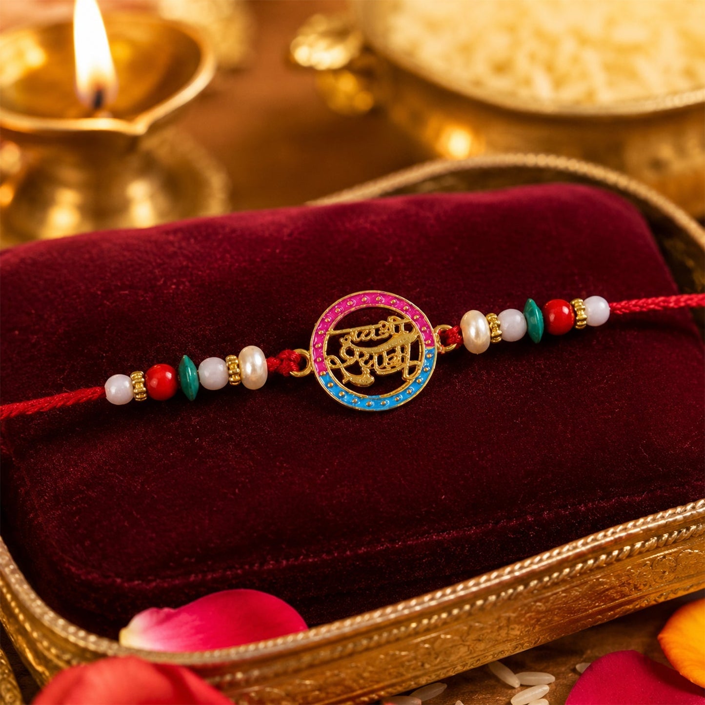 Close-up of Rakhi showing Hindi text and pearl accents