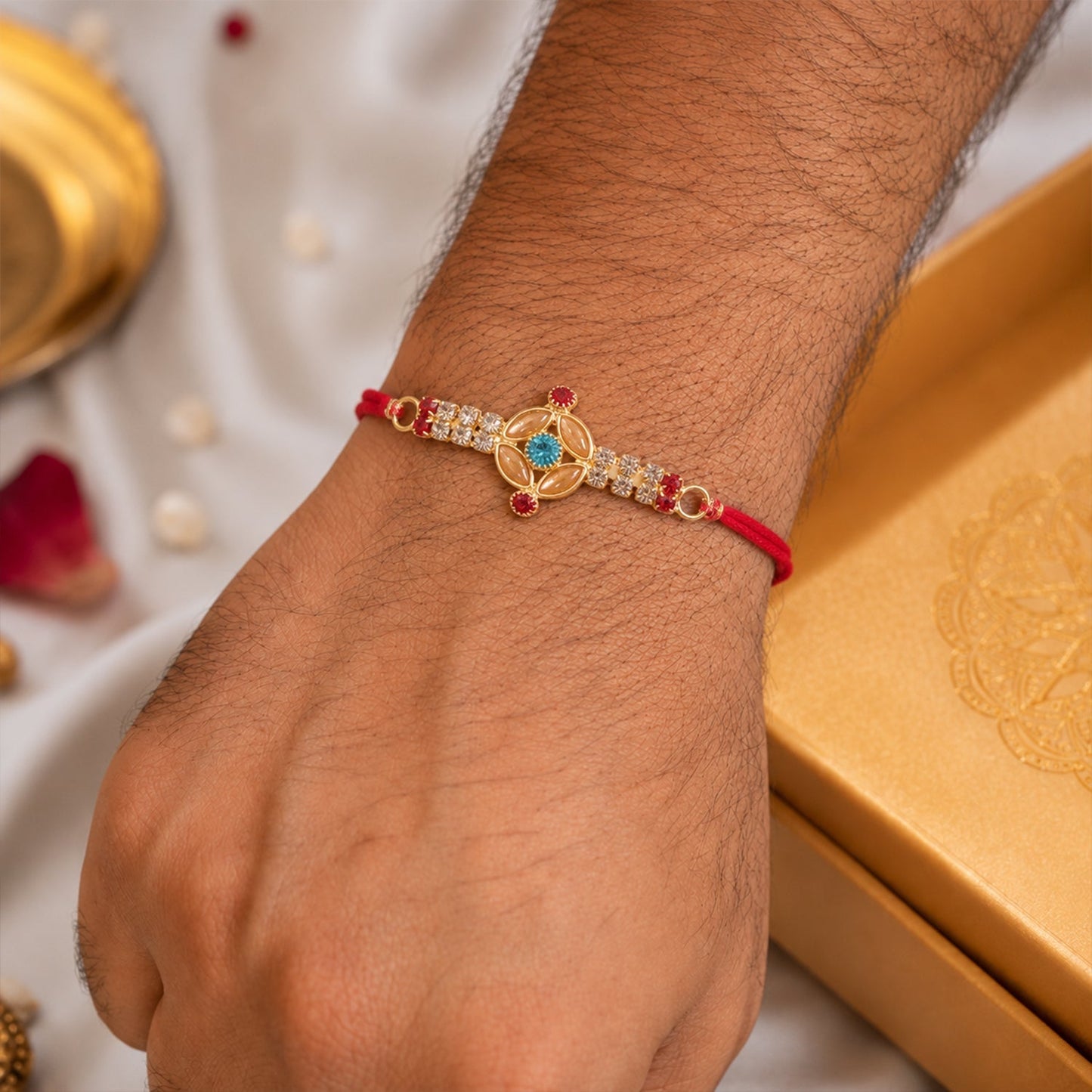 Stylish Kundan Rakhi with intricate gold floral design and turquoise stone on a white background.