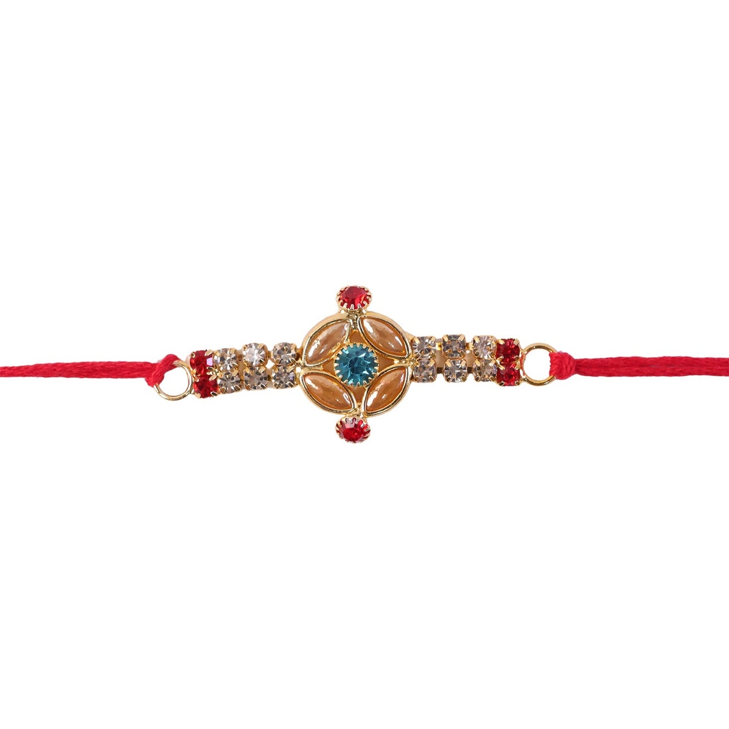 Overhead shot of the beautiful gold floral Kundan Rakhi, ideal for Raksha Bandhan celebrations.