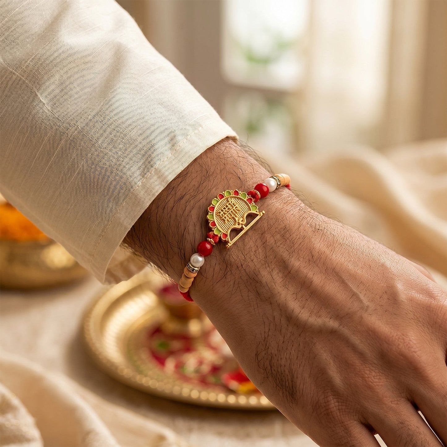 Close-up of intricate golden Meenakari work on the Rakhi thread.