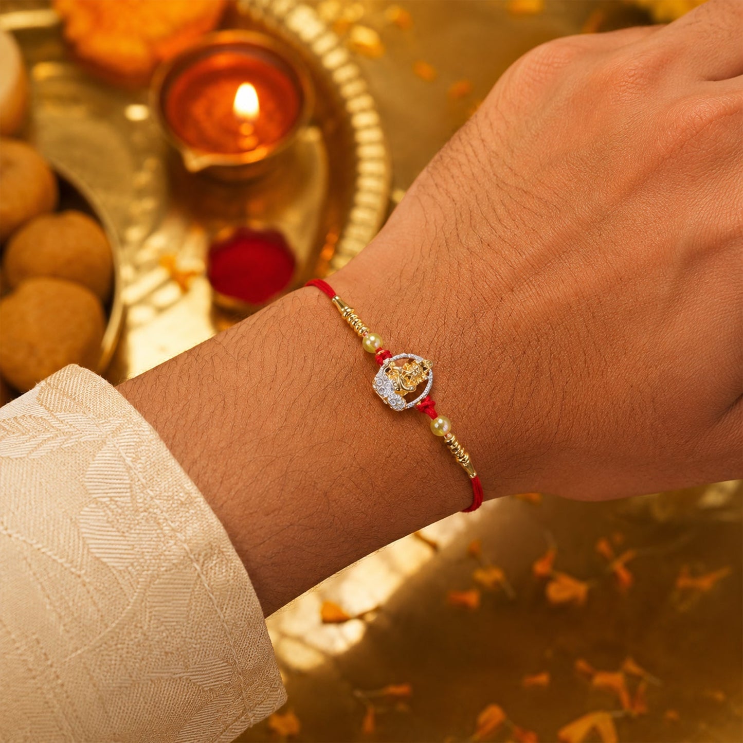 Side view of Bal Krishna Rakhi showcasing AD stone details and golden frame.