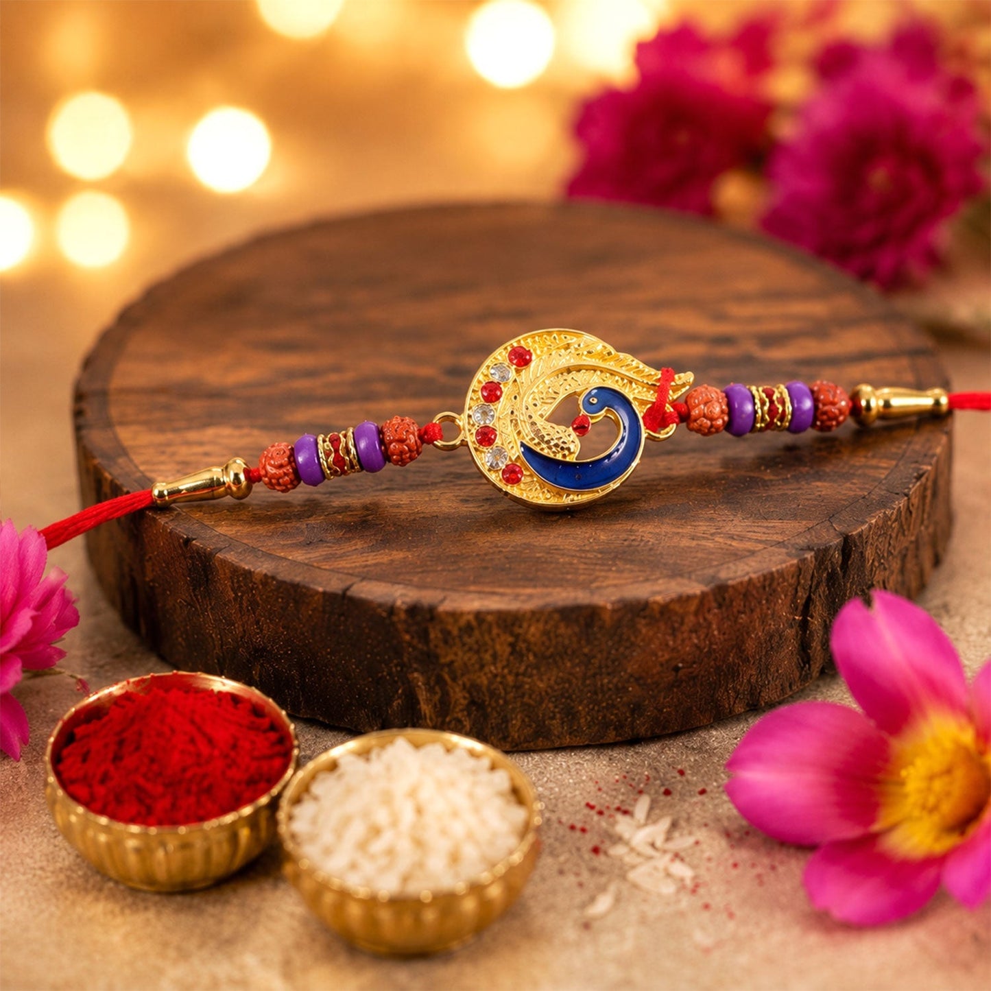 Elegant golden peacock motif with Rudraksha beads on the Rakhi.