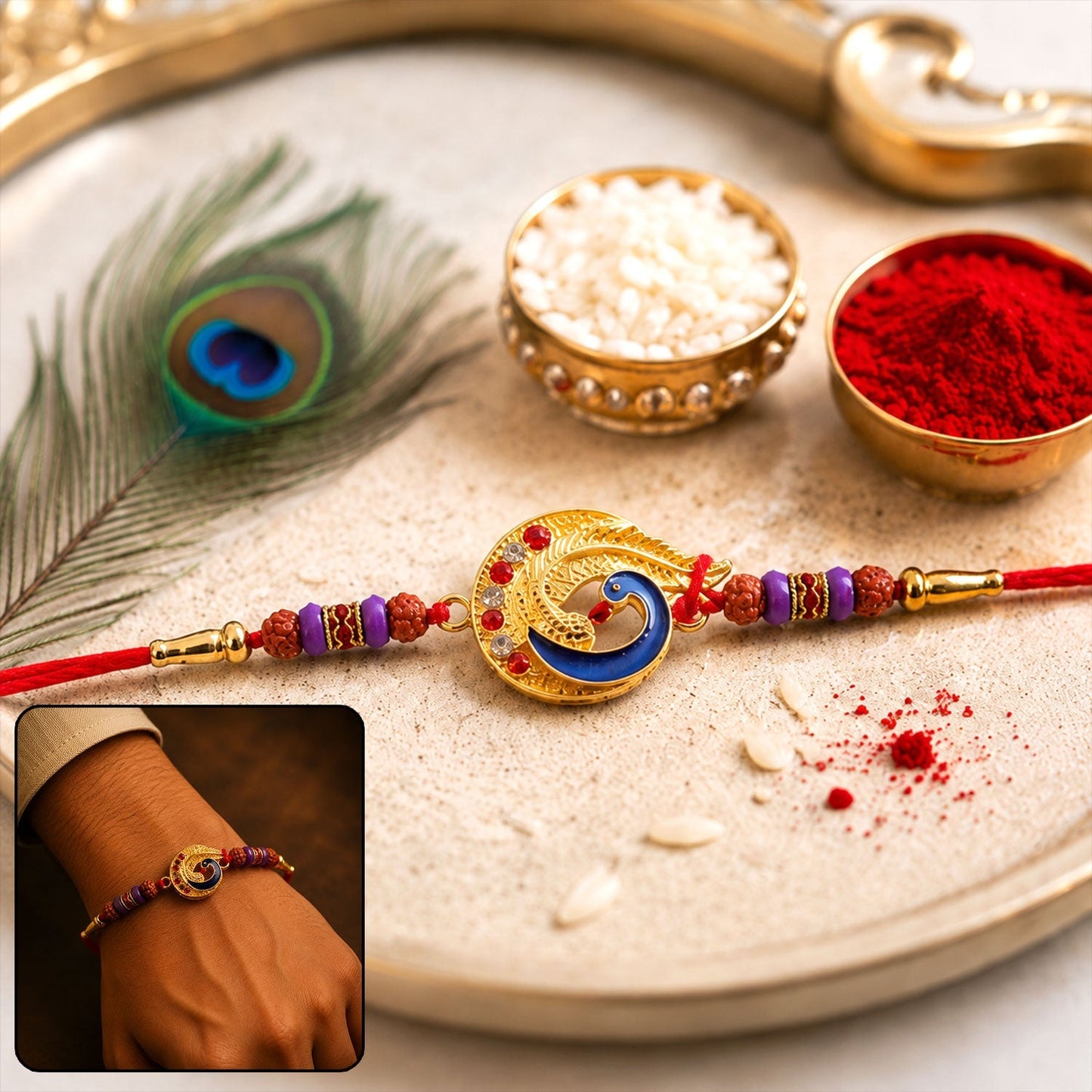 Front view of the Meenakari Rudraksha Rakhi with golden peacock design.