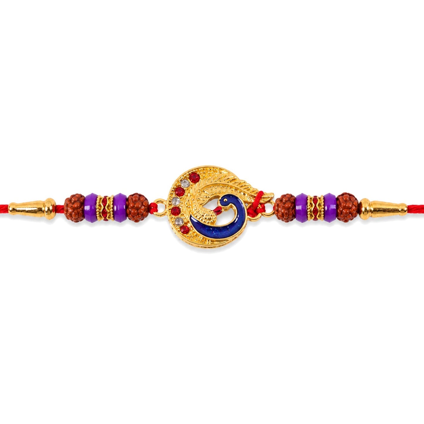 Side angle of ornamental Meenakari Rudraksha Rakhi.