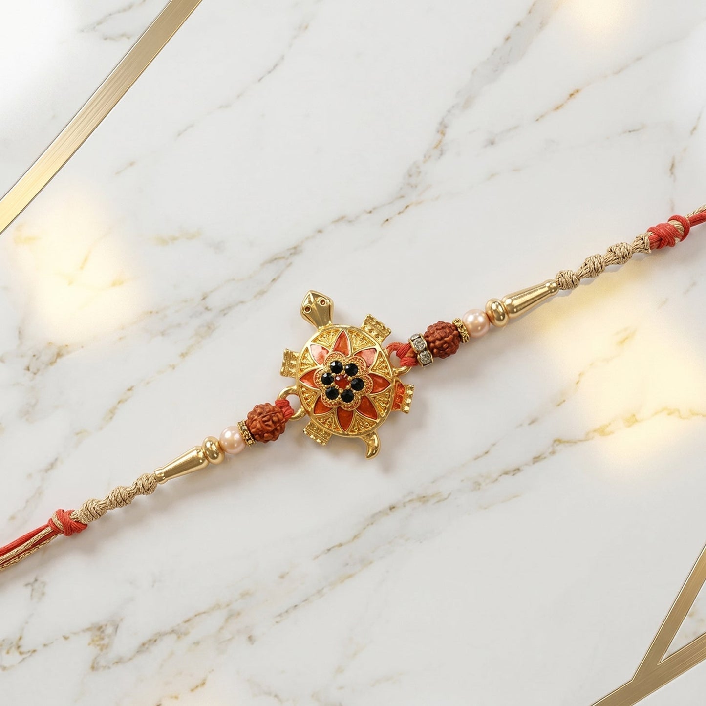 Golden Tortoise Rakhi displayed on a vibrant festive background.