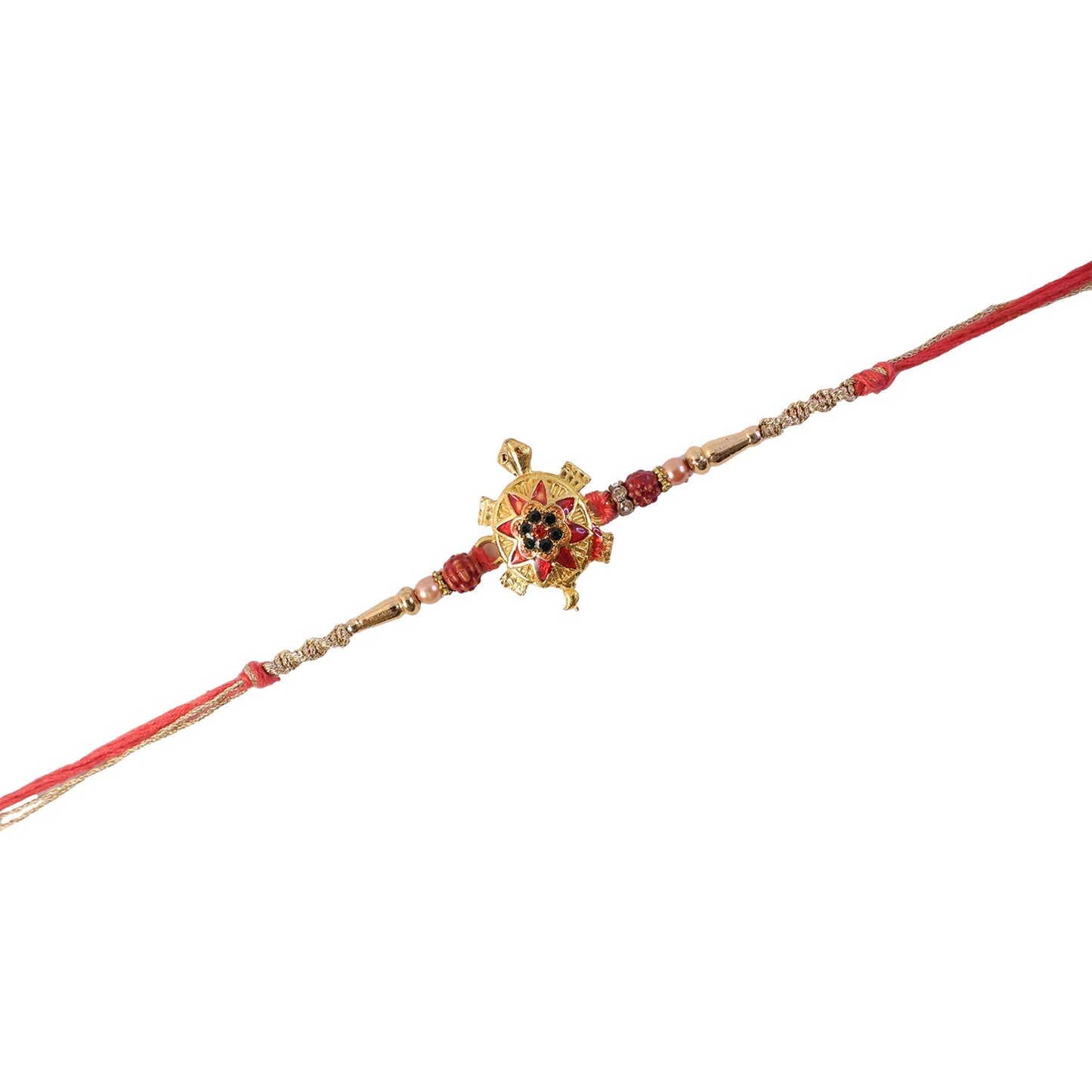 Top-down view highlighting craftsmanship of the Golden Tortoise Rakhi.