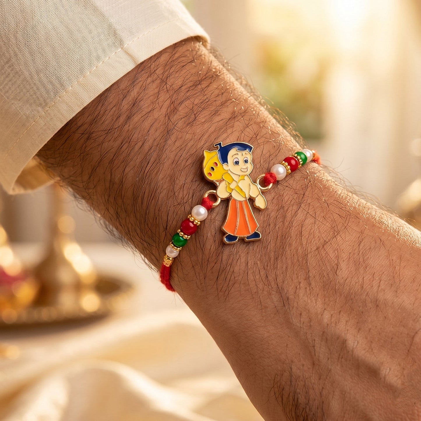 Close-up of the beaded Chhota Bheem kids rakhi showing detailed craftsmanship.