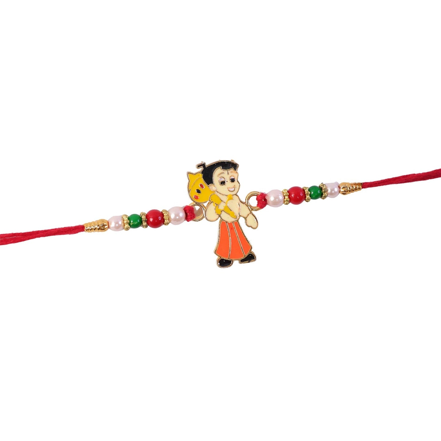 Colorful beads and soft threadwork on the Chhota Bheem rakhi.