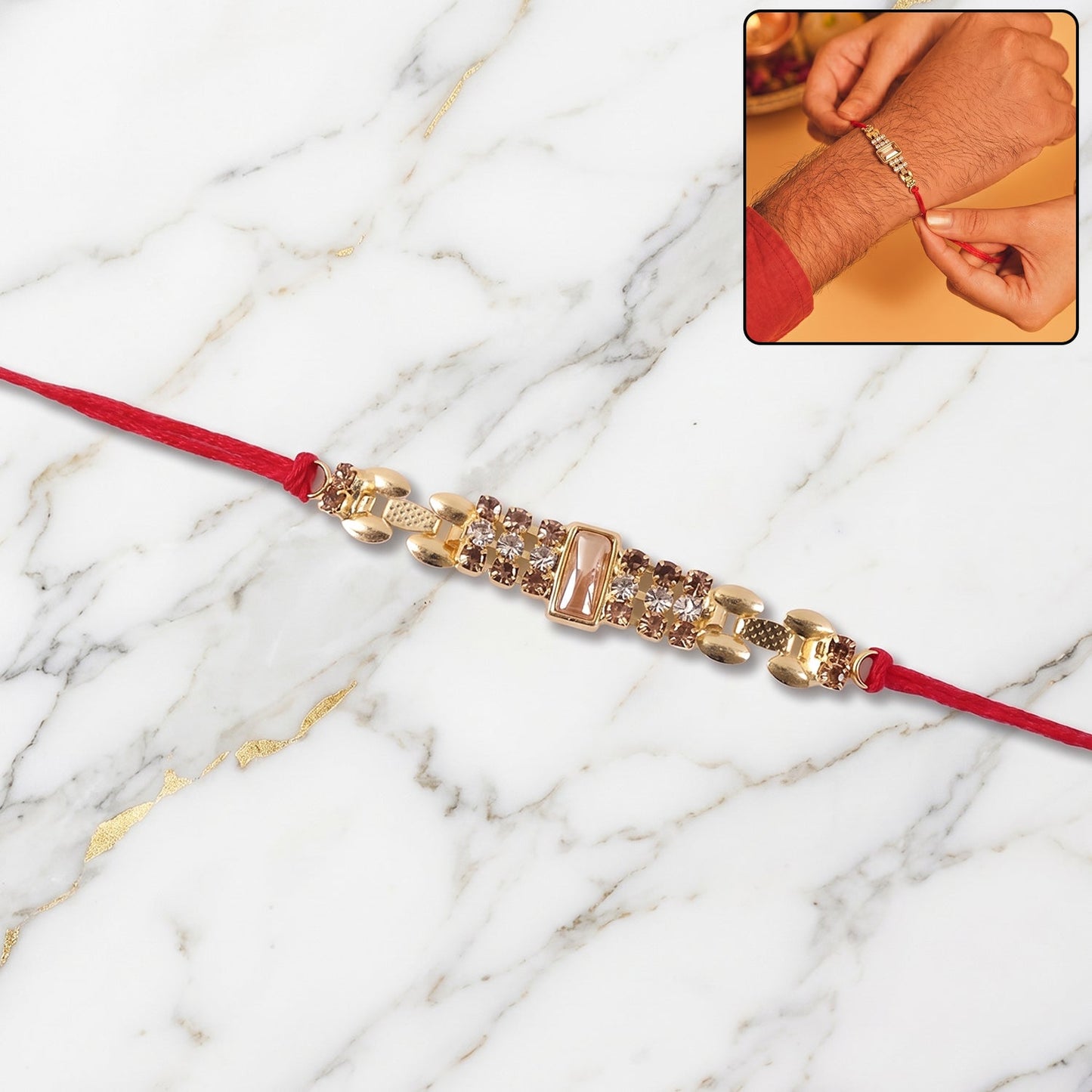 Sparkling AD Stone Rakhi with square design on a red thread, perfect for Rakshabandhan.