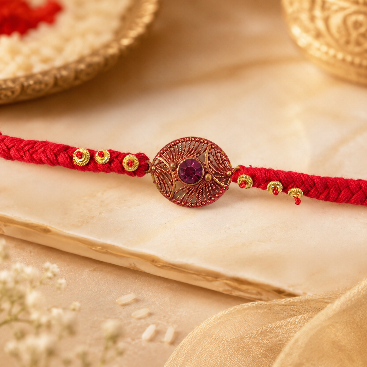 Close-up of purple stone and intricate woven thread work on the Rakhi for Brother.