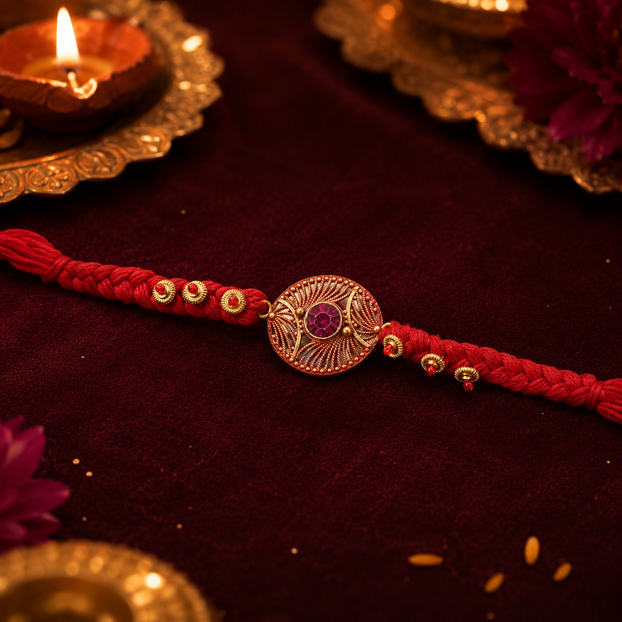 Wrist shot showing stylish Rakhi for Brother tied comfortably with elegant design.