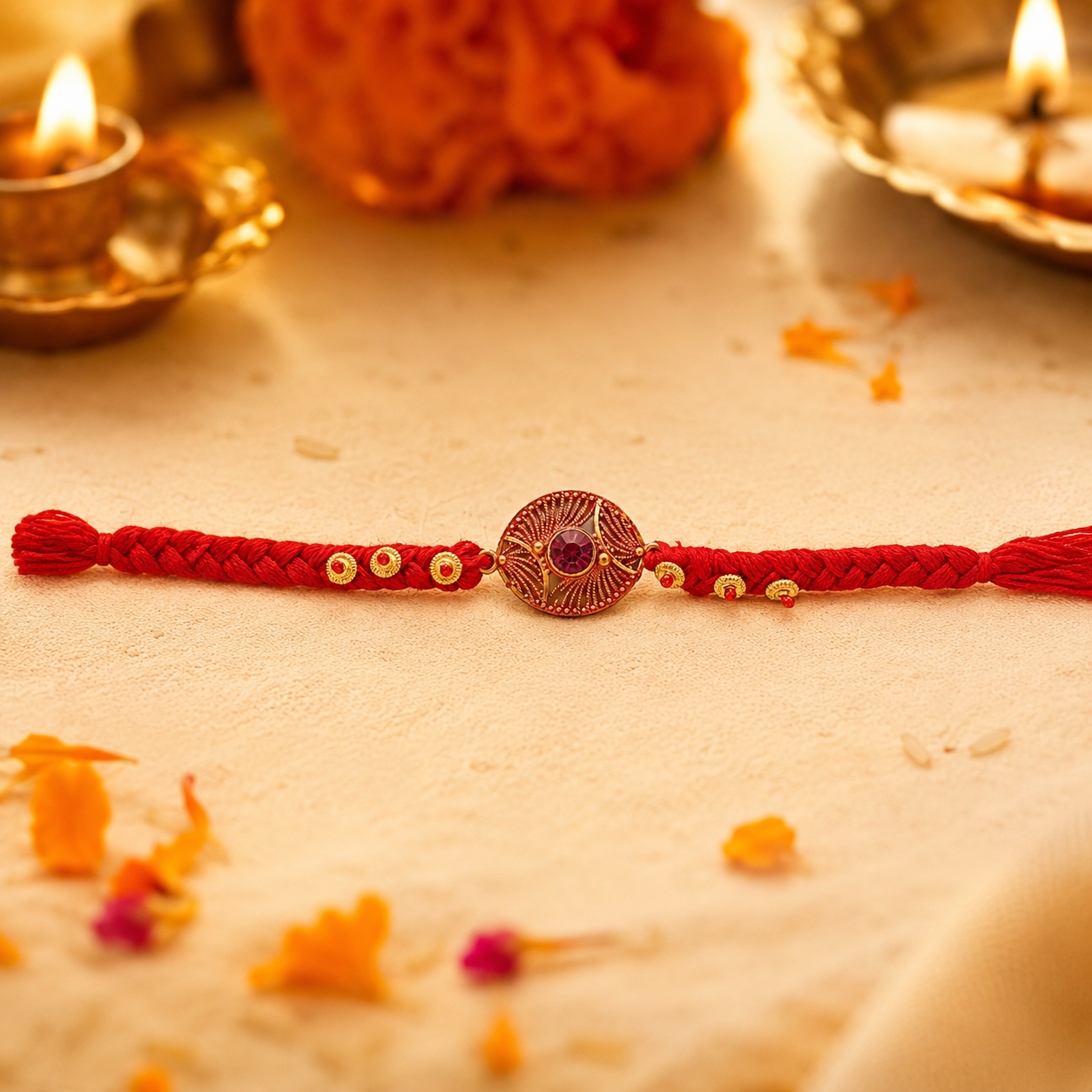 Side view of the handcrafted floral Rakhi, highlighting detailed craftsmanship.