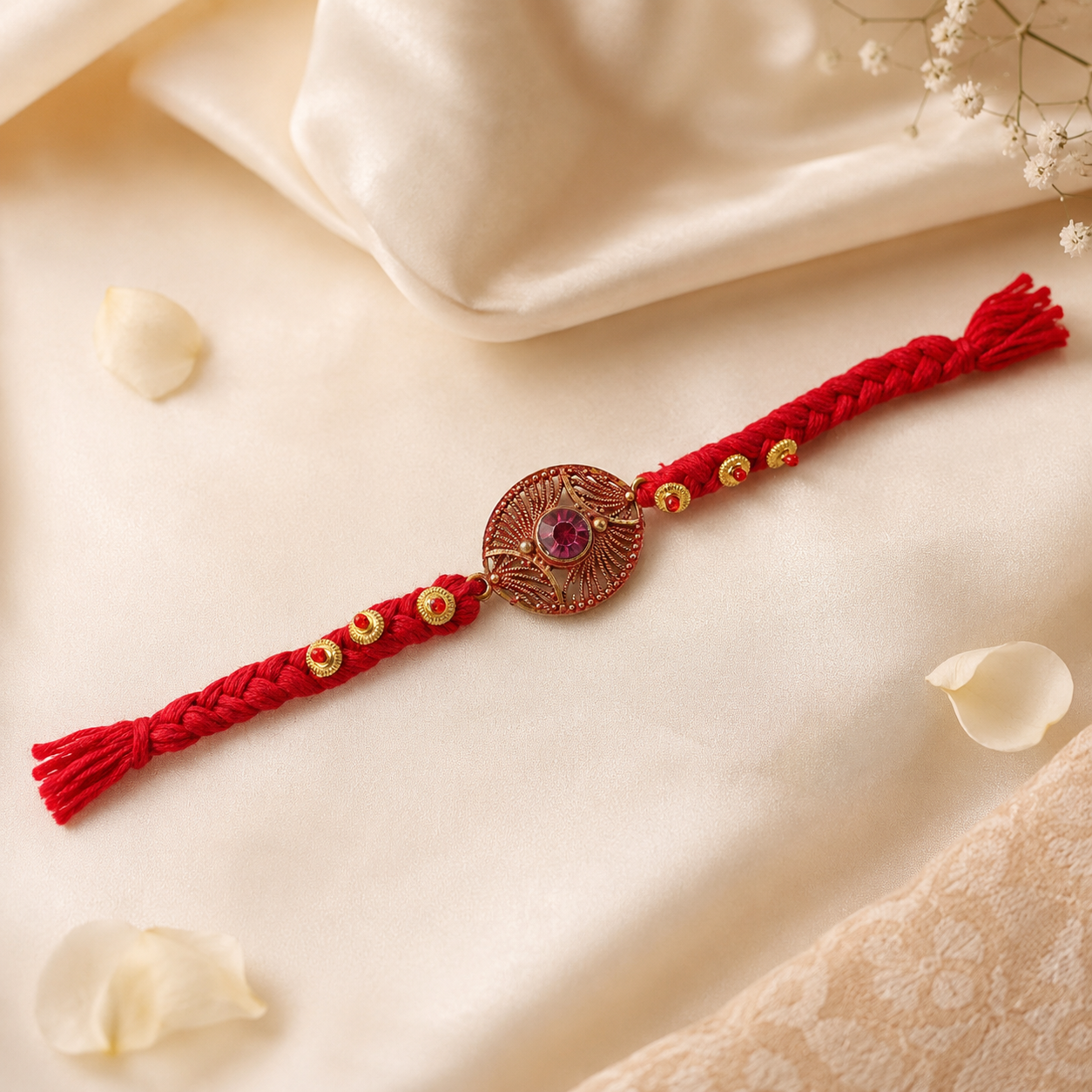 Overall elegant presentation of the purple stone Rakhi for Raksha Bandhan.