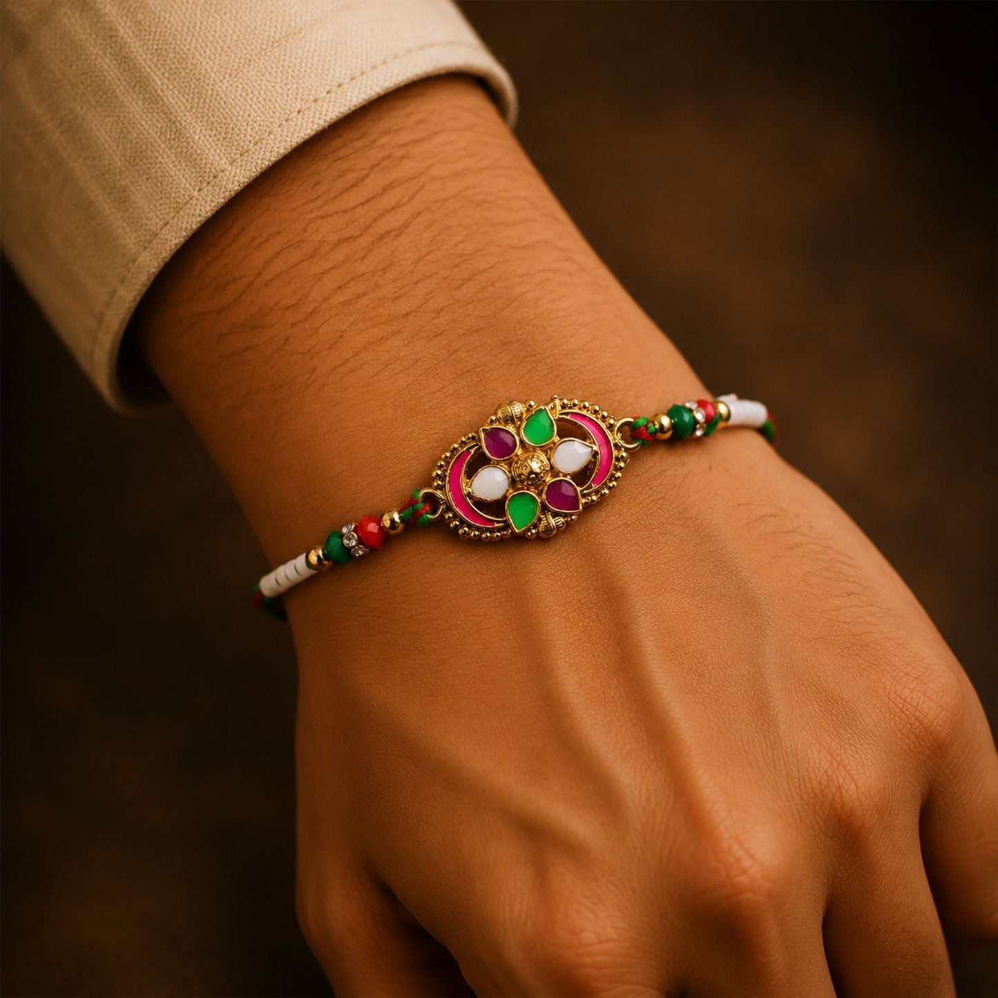 Close-up of the detailed enamel work and decorative beads on the Meenakari Rakhi.
