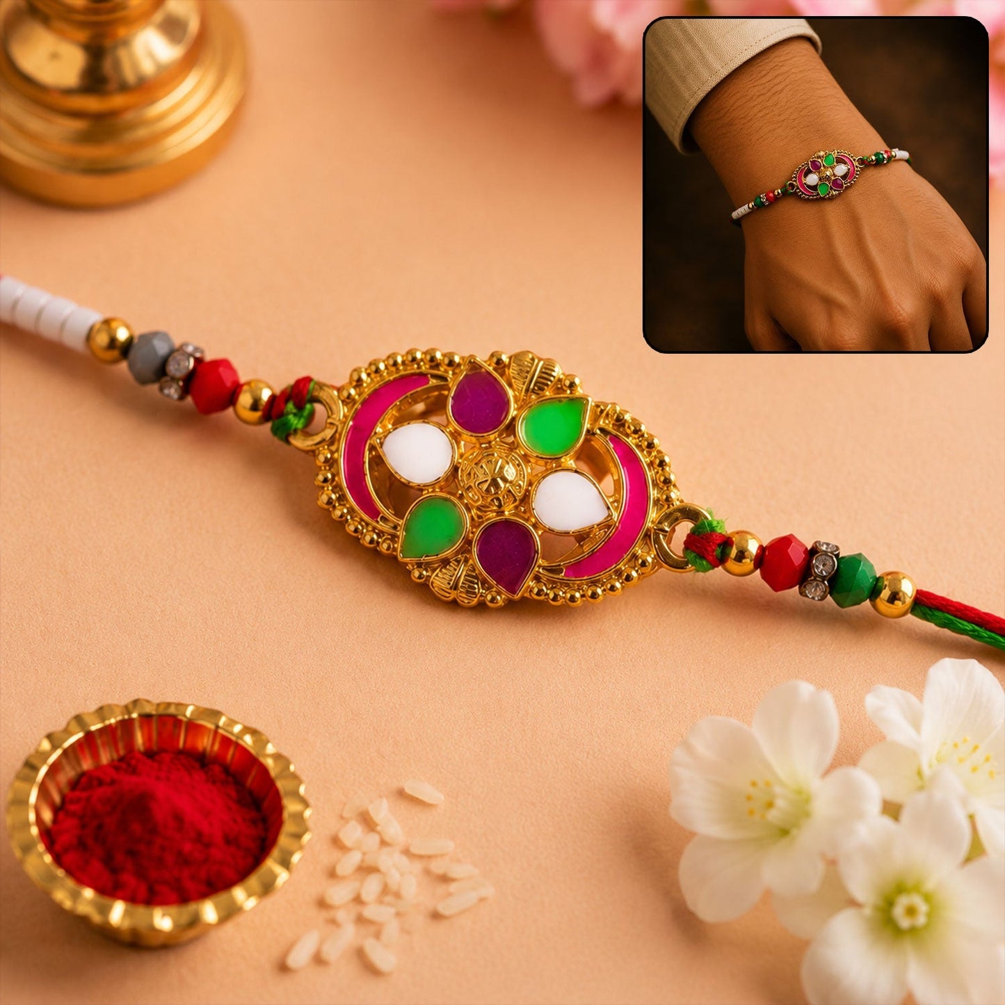 Vibrant Meenakari Rakhi with colourful oval beads and enamel work.