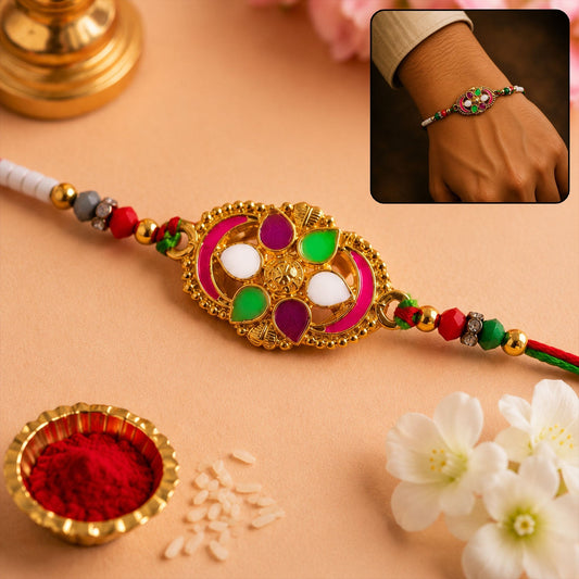 Vibrant Meenakari Rakhi with colourful oval beads and enamel work.