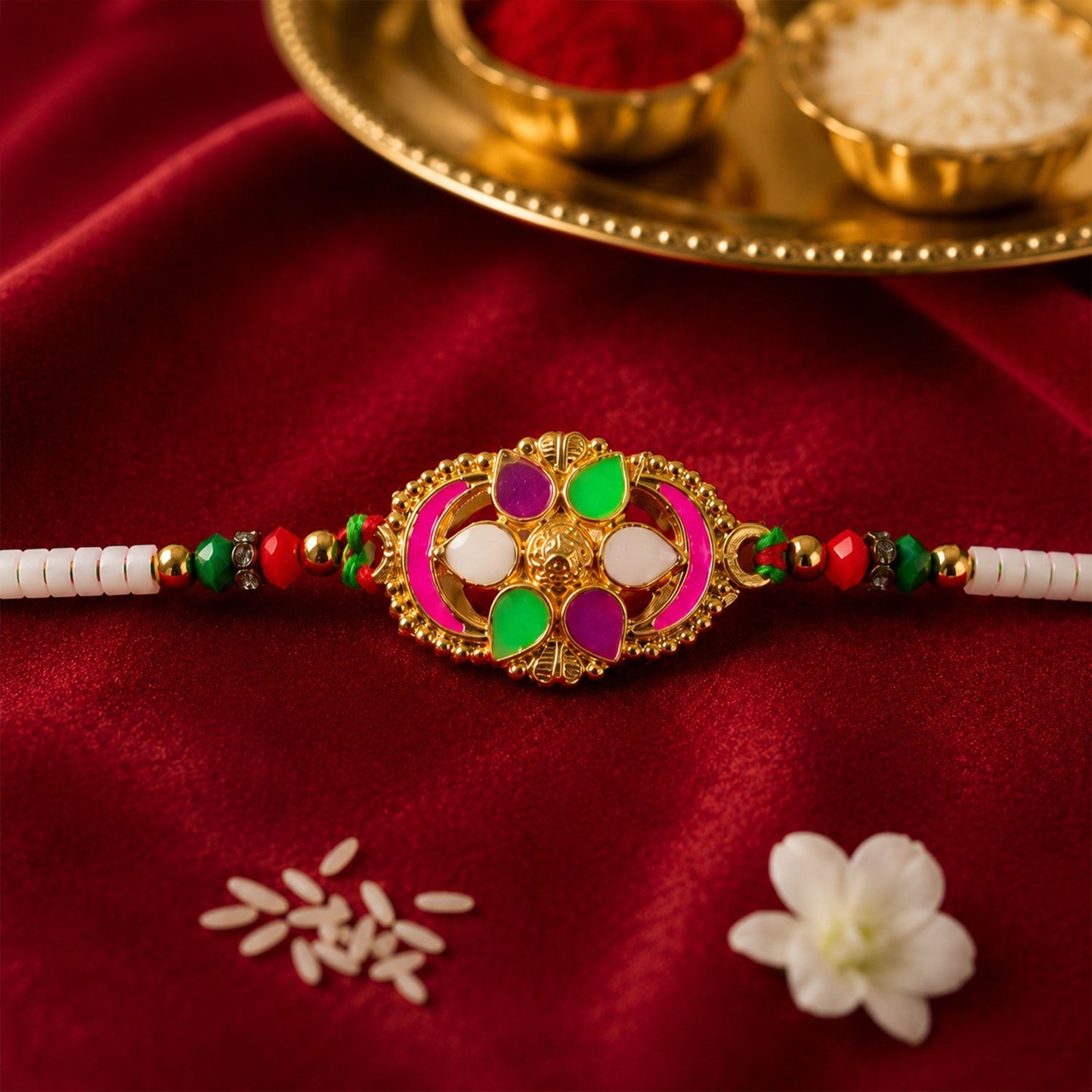 Rakhi tied on a brother’s wrist, showcasing its colourful design.