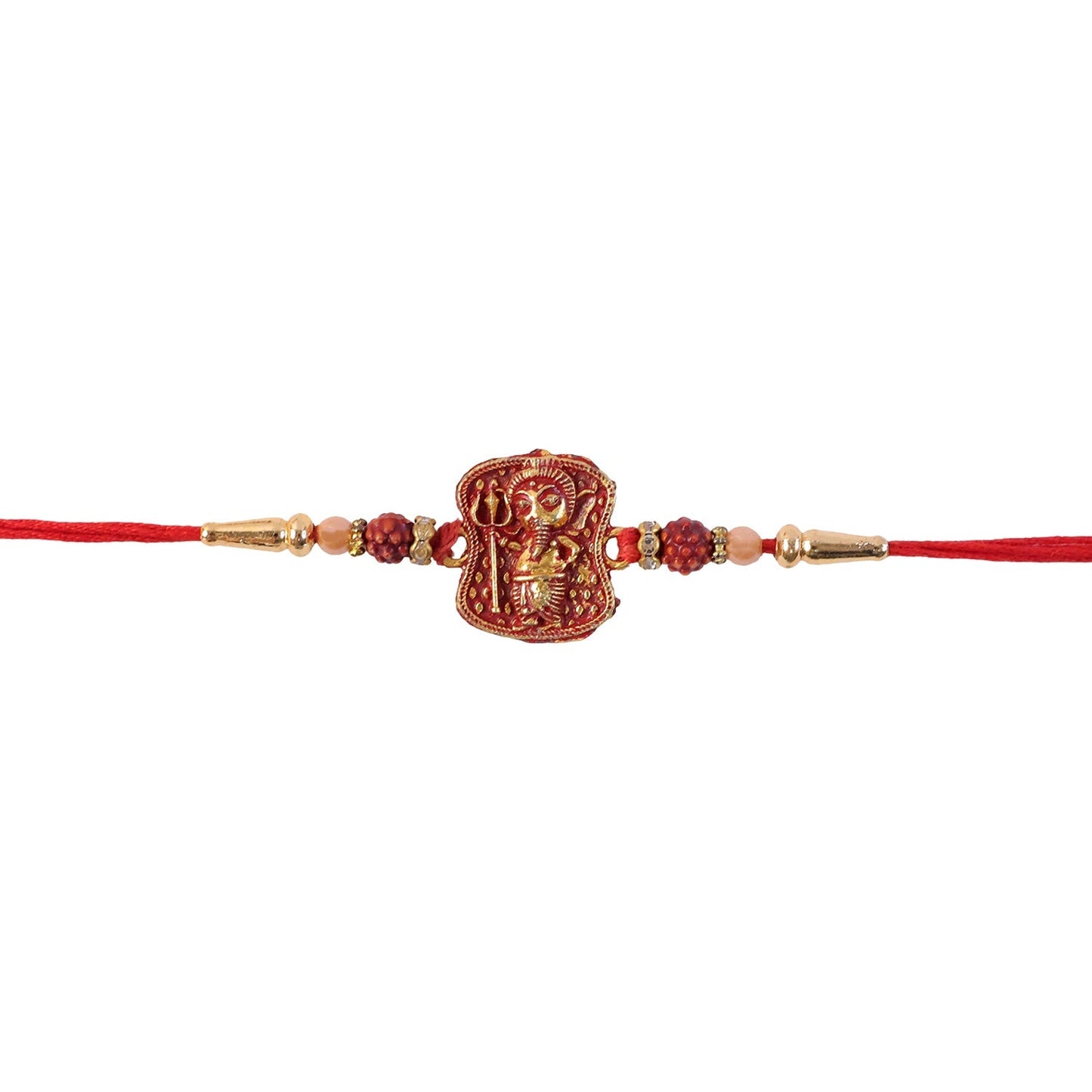 Back view of the Ganesha Rudraksha Rakhi showing tying threads.