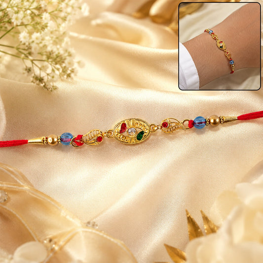 Full view of colorful marquise AD Stone Rakhi with intricate design.