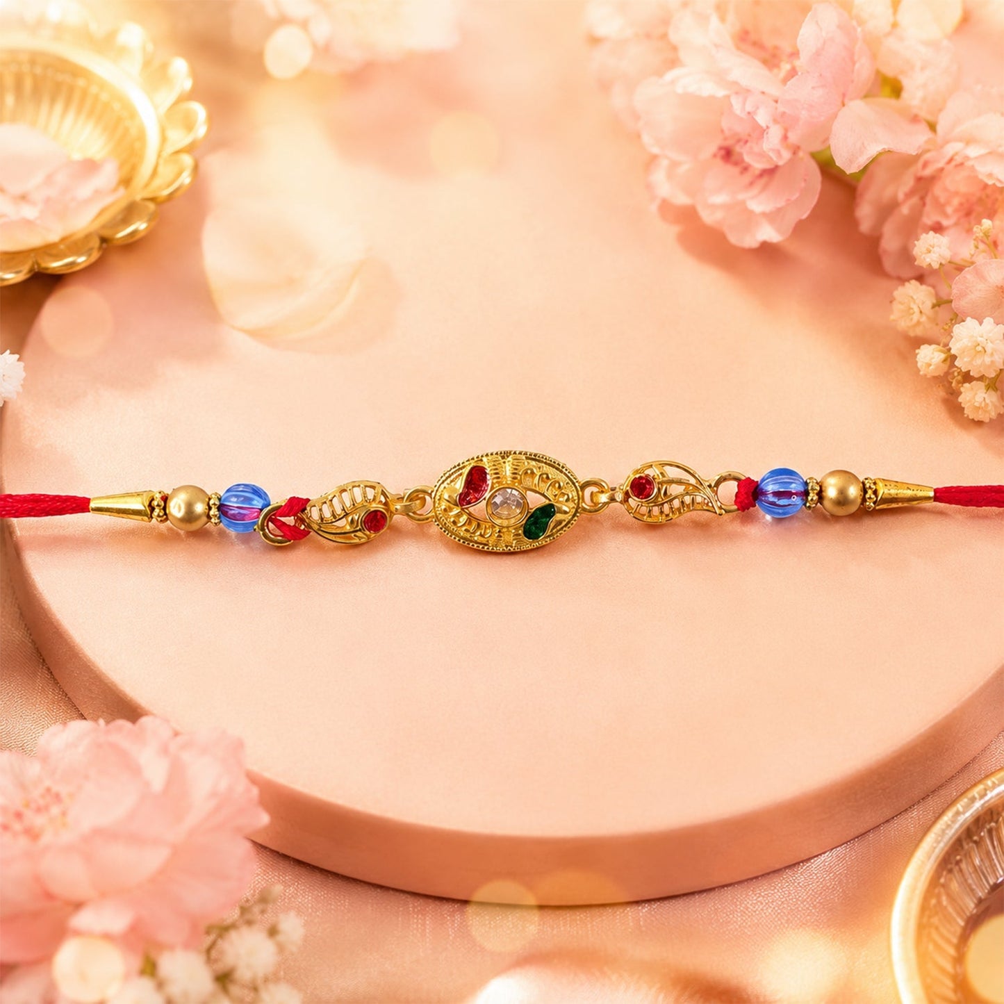 Close-up of sparkling American Diamond stones on the Rakhi.