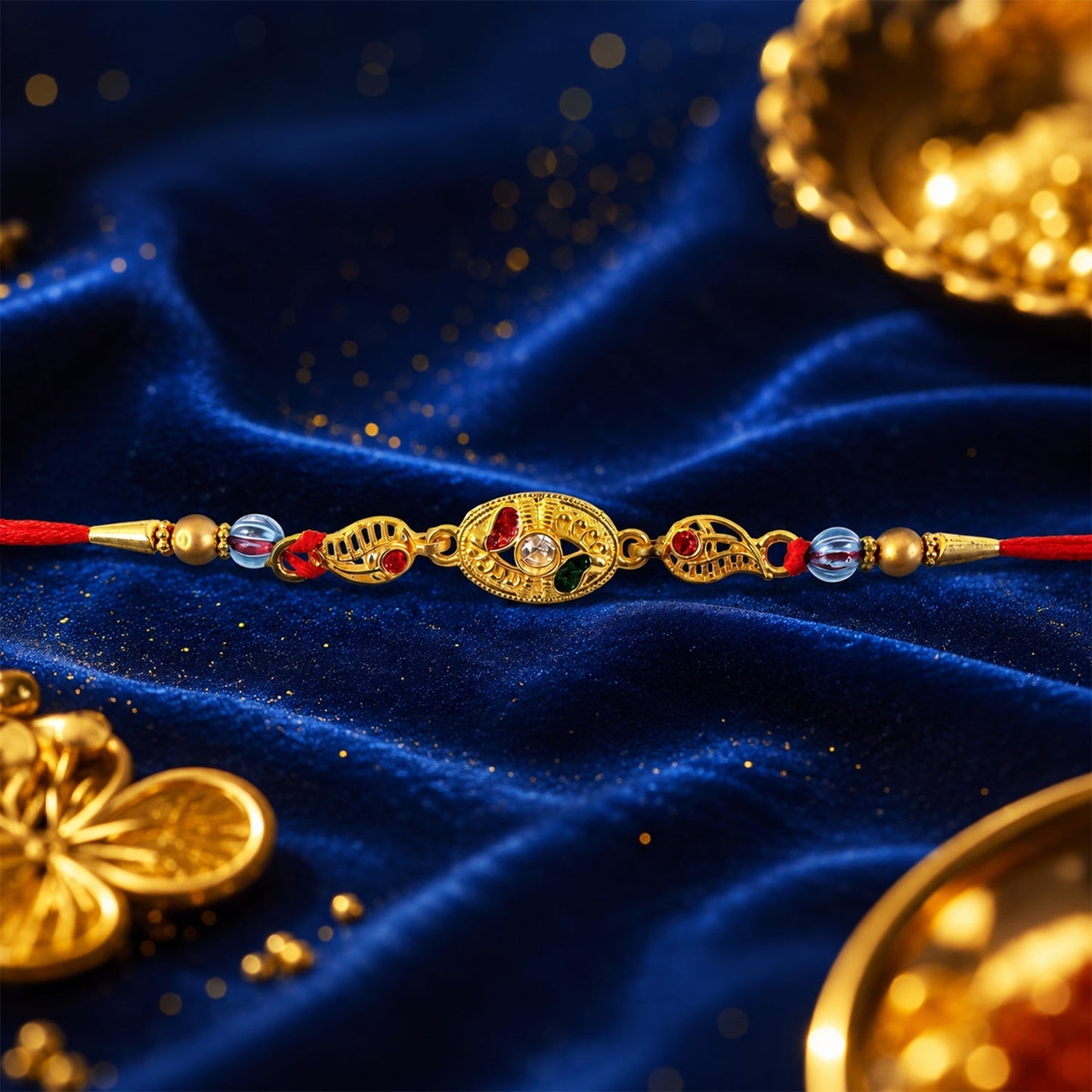 Side view highlighting the thread and elegant finish of the Rakhi.