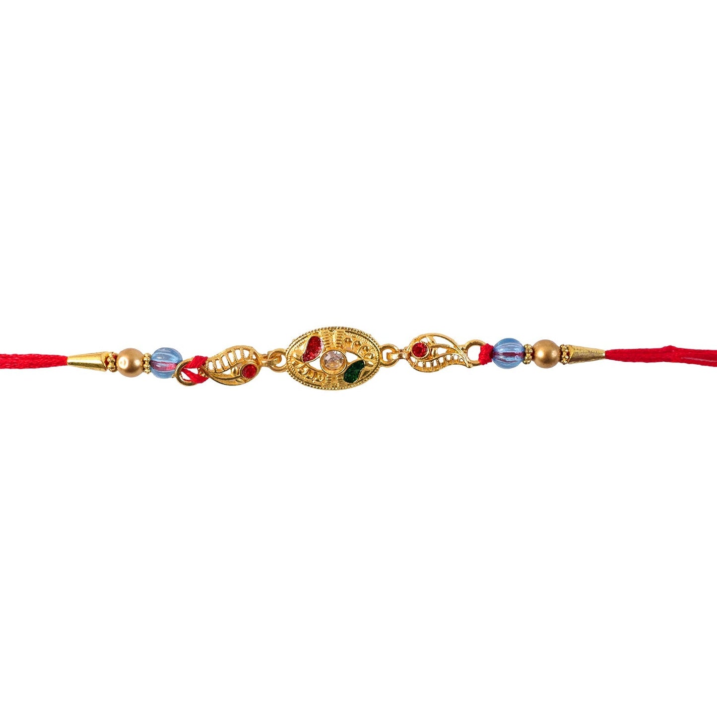 Detail of colorful marquise-cut AD stones on the Rakhi.
