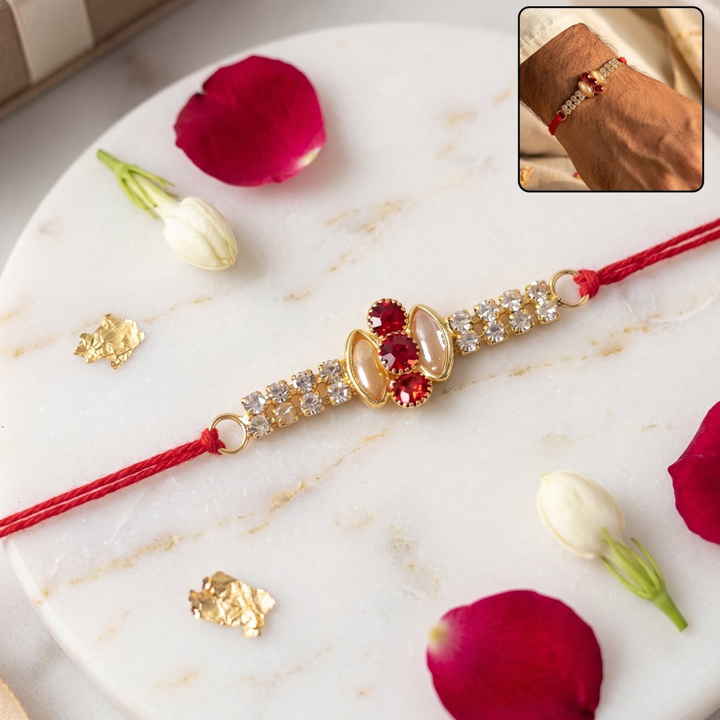 Elegant gold Rakhi with pink stone & AD studded design for brothers