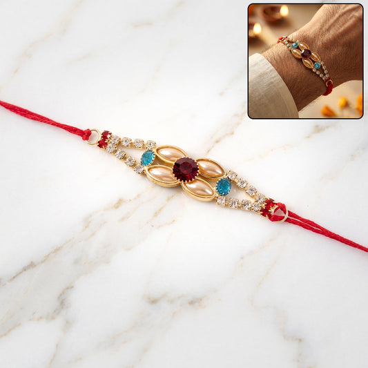 Close-up of the elegant AD Stone Rakhi with floral design and sparkling stones.