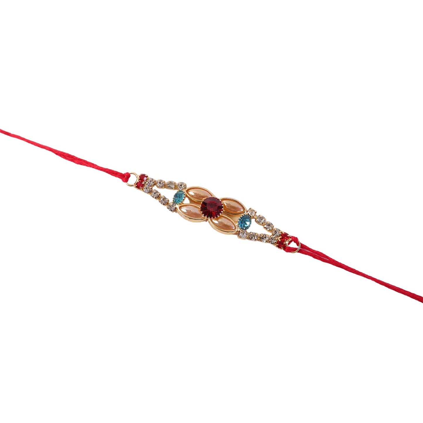 Adjustable red thread of AD Stone Rakhi designed for comfort.