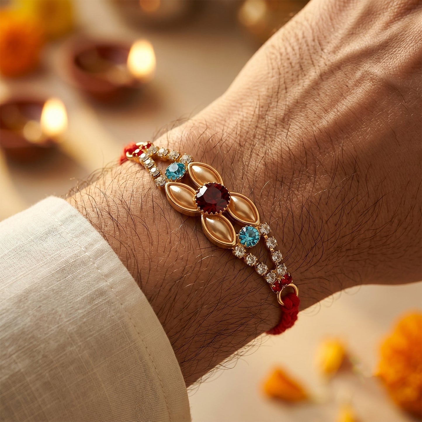 Brother's wrist adorned with the beautiful AD Stone floral Rakhi during Rakshabandhan.