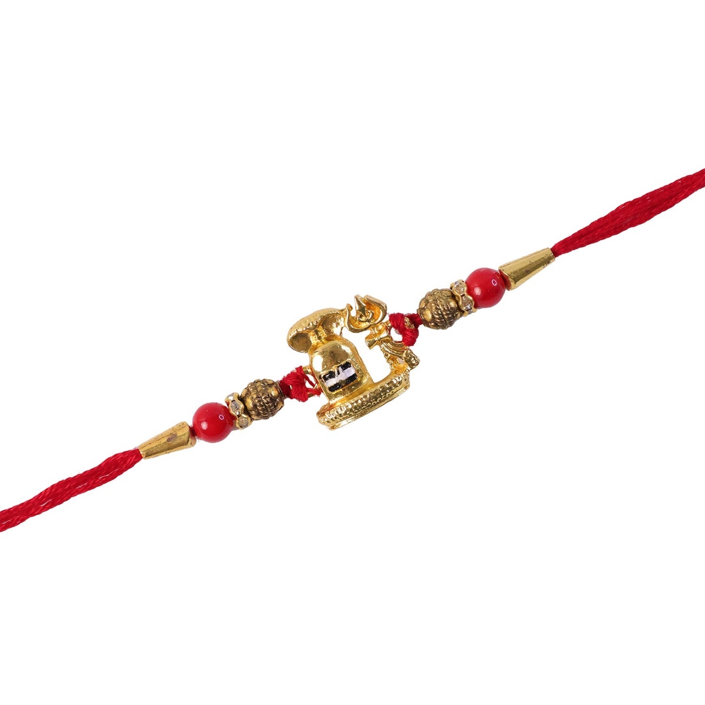 Detailed shot of the antique golden Shivling motif on the Rakhi thread.