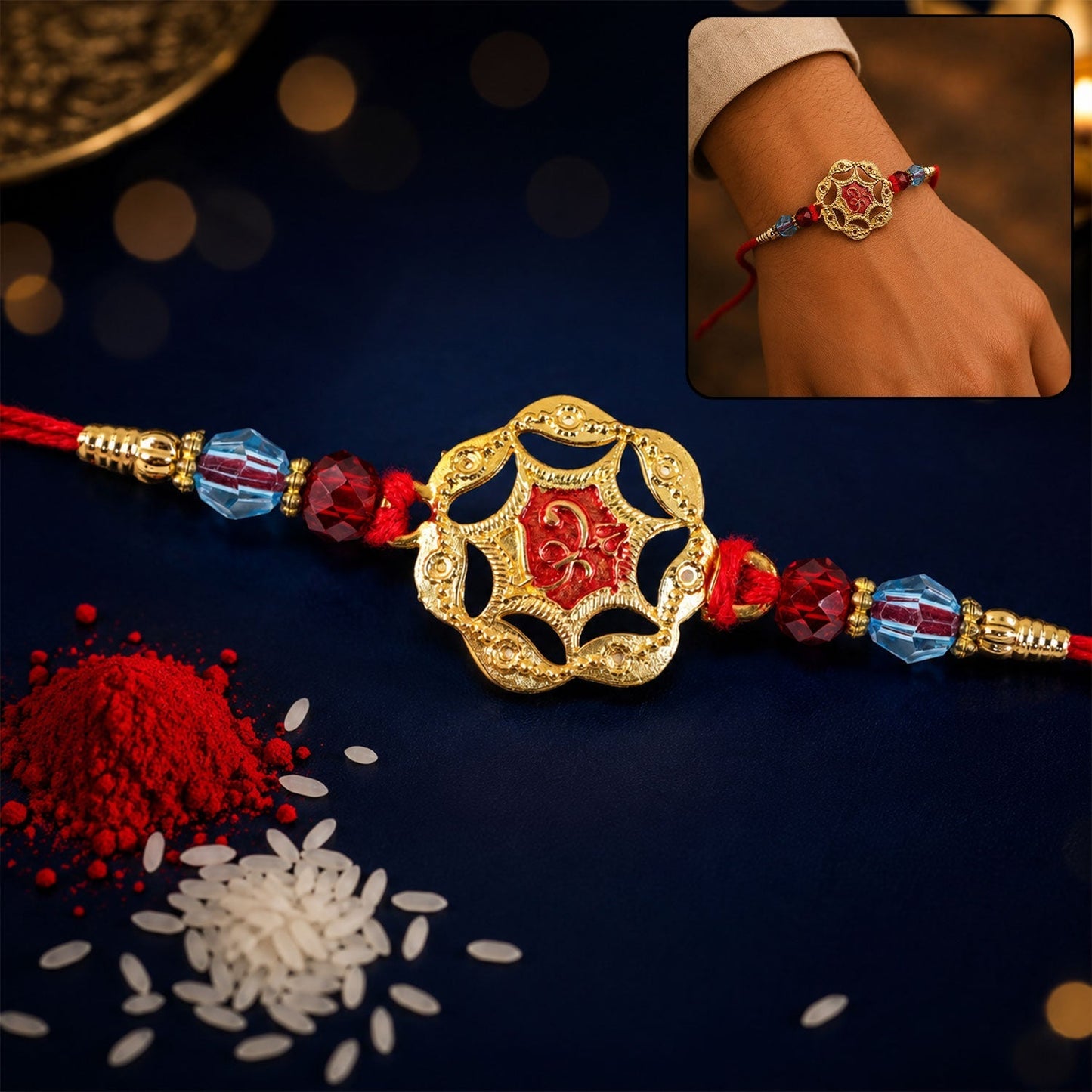 Golden floral Rakhi for Brother with red stone and crystal beads, displayed frontally.