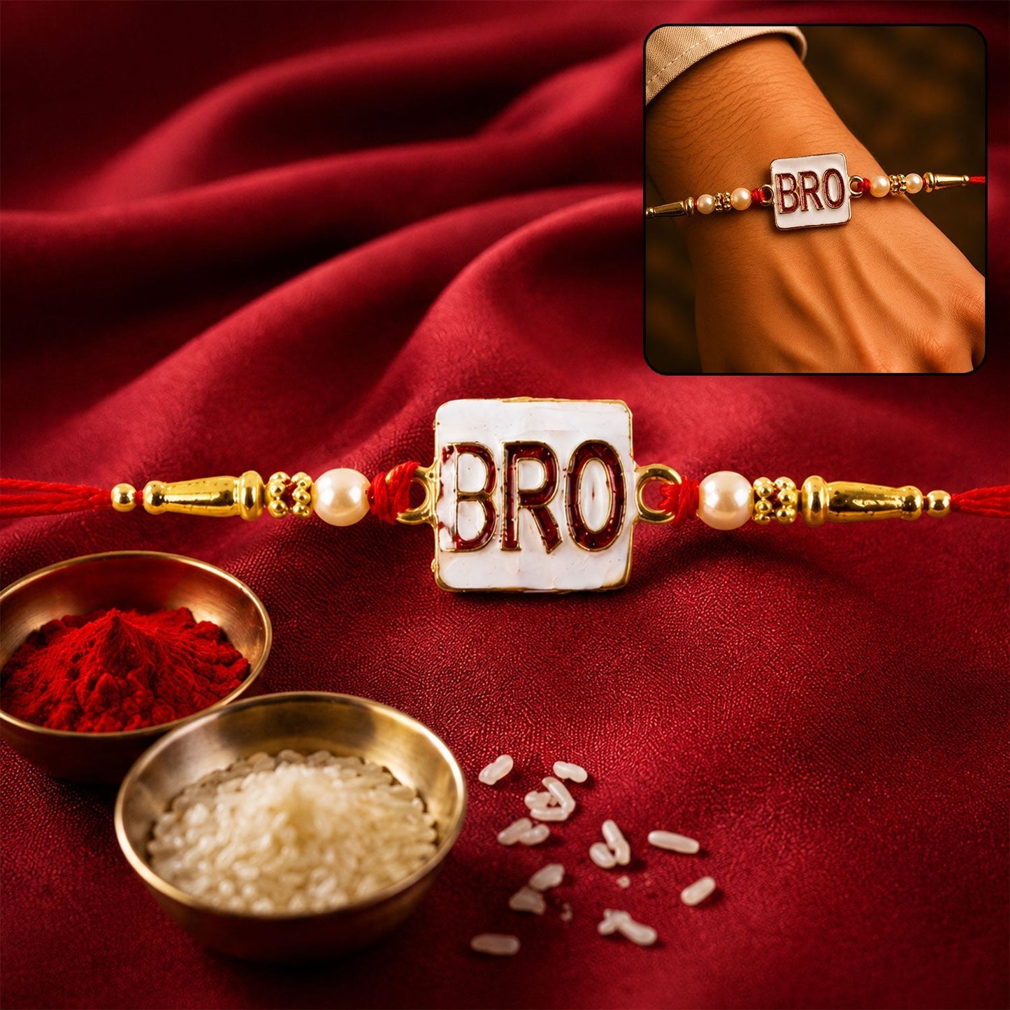 Rakhi for Brother with 'BRO' text and pearls, displayed on a white background.