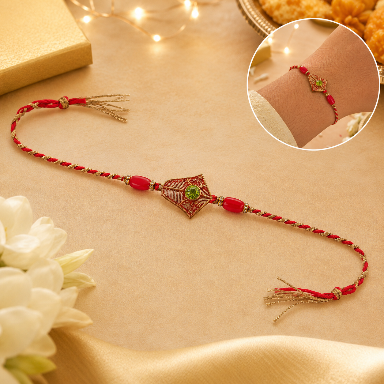 Designer Rakhi with green stone and golden floral pattern.