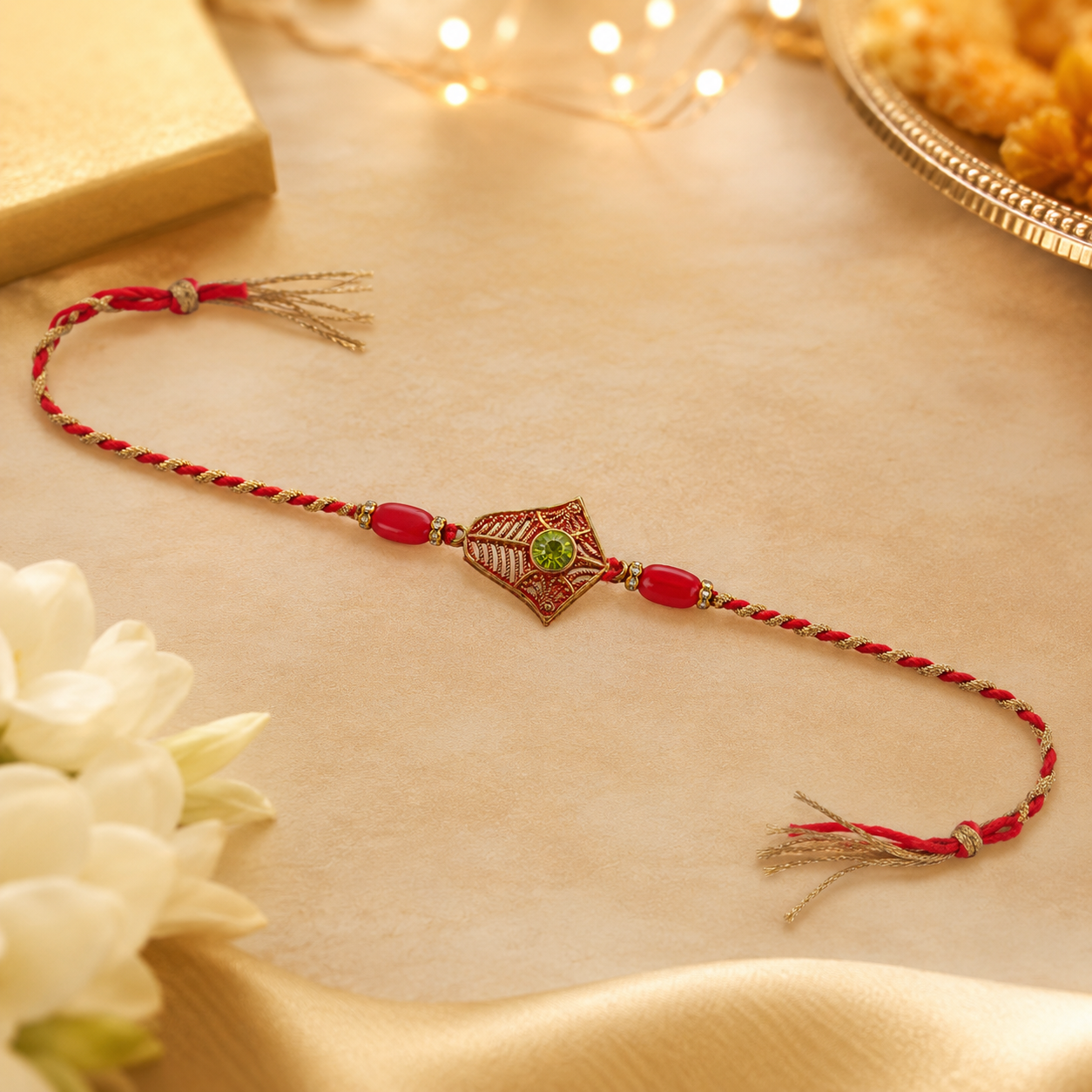 Close-up of green stone Designer Rakhi on a festive backdrop.